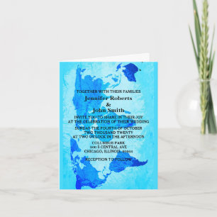World Map Blue Abstract Bright Colorful Wedding Invitation