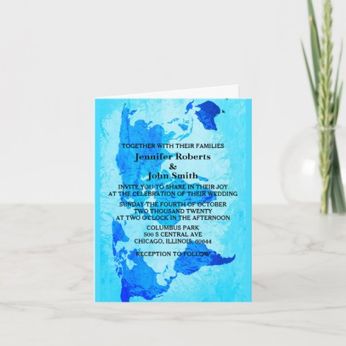 World Map Blue Abstract Bright Colorful Wedding  Invitation