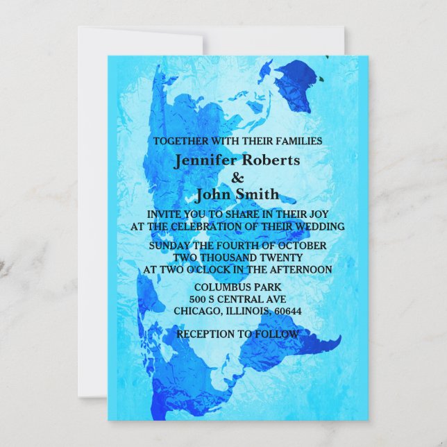 World Map Blue Abstract Colorful Bright Wedding  Invitation (Front)