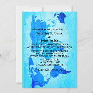 World Map Blue Abstract Colorful Bright Wedding Invitation
