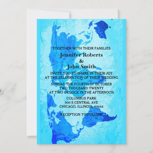 World Map Blue Abstract Colorful Bright Wedding  Invitation