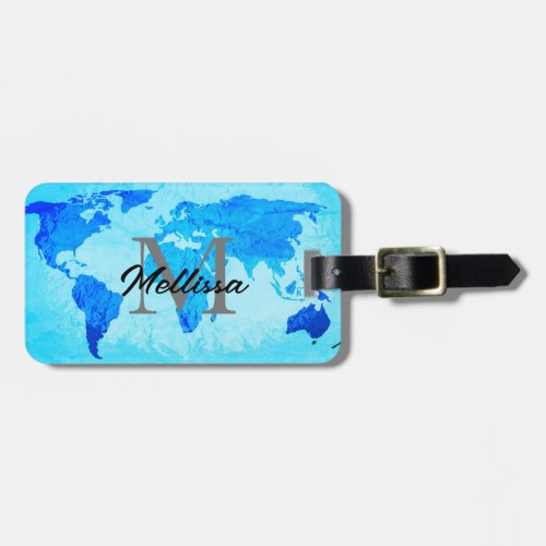 World Map Blue Artistic Monograms Name Gift 2023 Luggage Tag