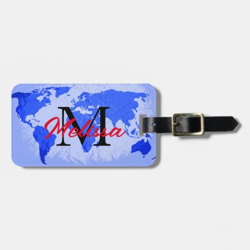 World Map Blue Monograms Traveler Custom Name Luggage Tag