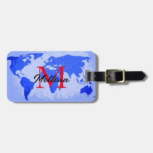 World Map Blue Monograms Traveler Name 2023 Luggage Tag
