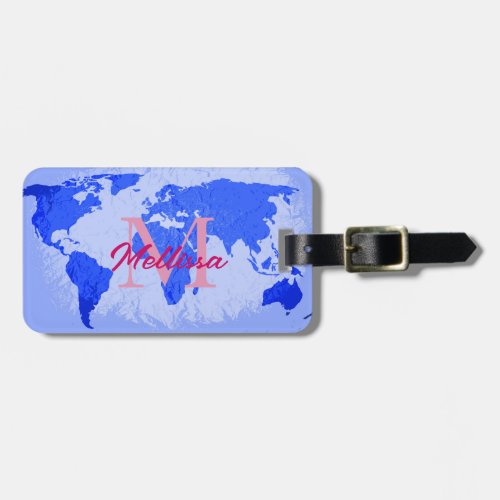 World Map Blue Pink Monograms Traveler Name Gift Luggage Tag