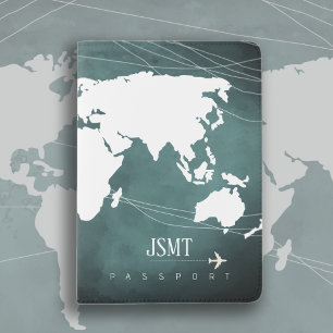 World Map Bluish Gray Passport Holder