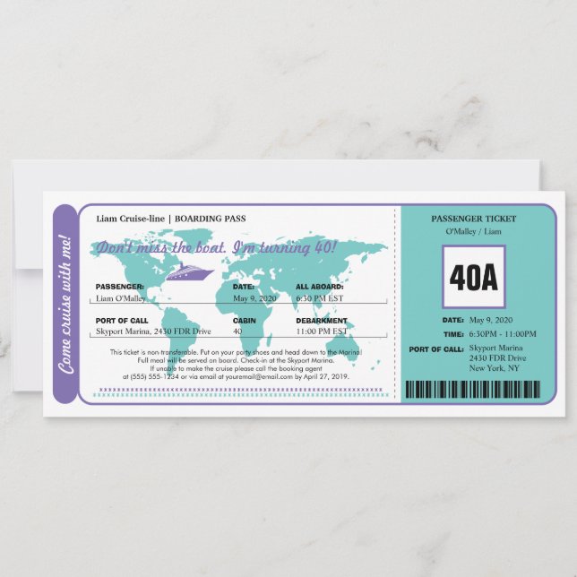 World Map Cruise Birthday Boarding Pass Ticket Invitation (Front)