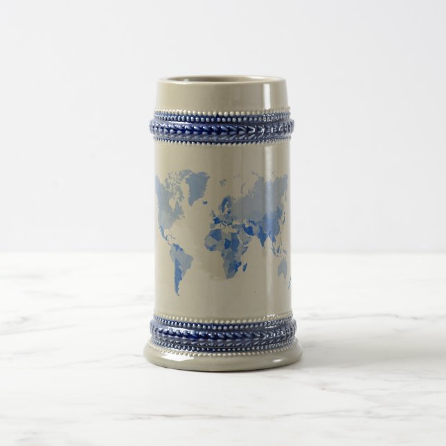 World Map Crumpled Pale Blue Beer Stein (Center)