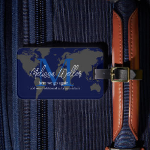 World Map Dark-Blue Traveler Monogram Luggage Tag
