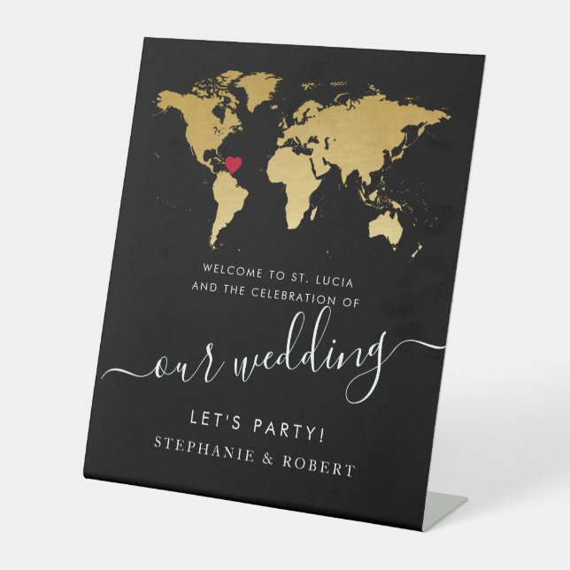 World Map Destination Wedding Gold Black Welcome Pedestal Sign (Front)