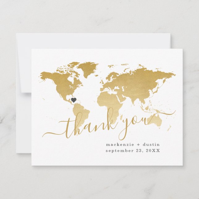 World Map Destination Wedding Personalized Gold Thank You Card (Front)