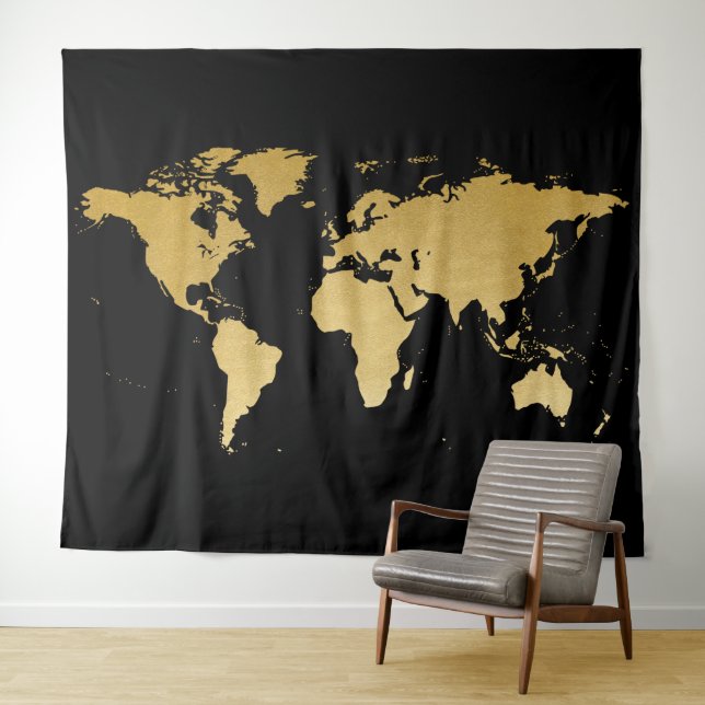World Map Detailed Globe Black Gold Photo Backdrop (In Situ (Horizontal))