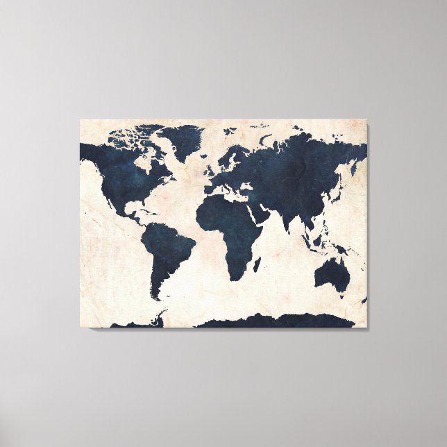 World Map Distressed Navy Canvas Print (Front)