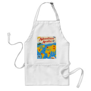 World map dotted with heart pins and landmarks adult apron
