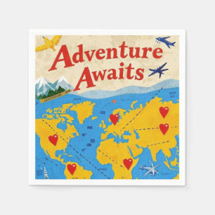 World map dotted with heart pins and landmarks napkins
