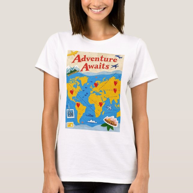 World map dotted with heart pins and landmarks T-Shirt (Front)