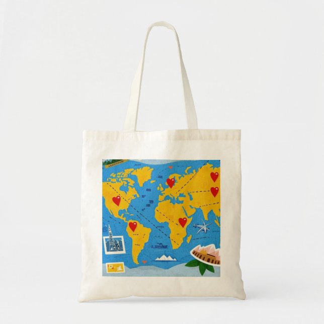 World map dotted with heart pins and landmarks tote bag (Front)