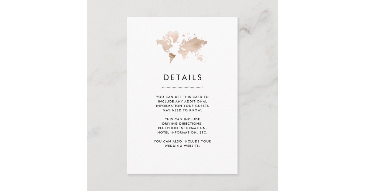 World Map Elegant Travel Theme Wedding Details Enclosure Card
