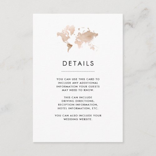 World Map  Elegant Travel Theme Wedding Details Enclosure Card