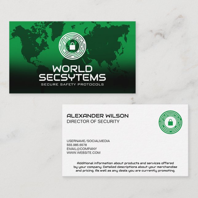 World Map | Finger Print Lock Logo | Security Business Card (Front/Back)