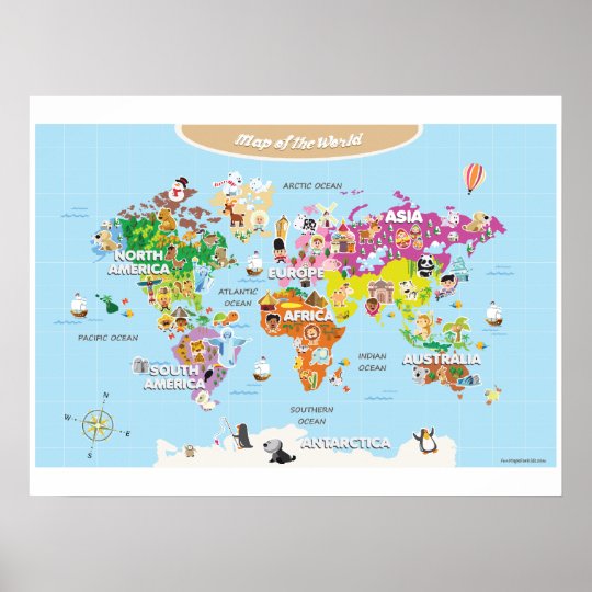 World Map For Kids - Cute and Colorful Poster | comicsahoy.com