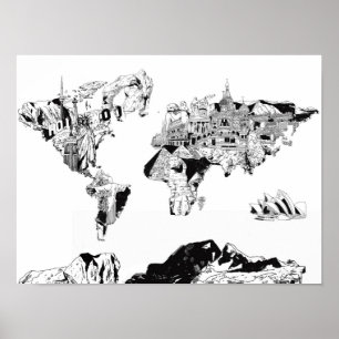 world map galaxy black and white 3 poster