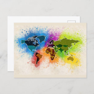 World Map Geography Watercolor Travel Vacation Art Postcard