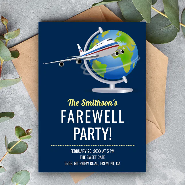 World Map Globe Airplane Farewell Party Invitation | Zazzle