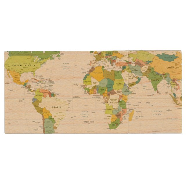 World Map Globe Country Atlas Wood Flash Drive (Front)
