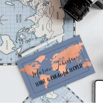 World Map Globe Map Travel Agency Copper Navy Business Card by luxury_luxury at Zazzle