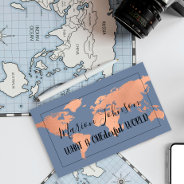 World Map Globe Map Travel Agency Copper Navy Business Card at Zazzle