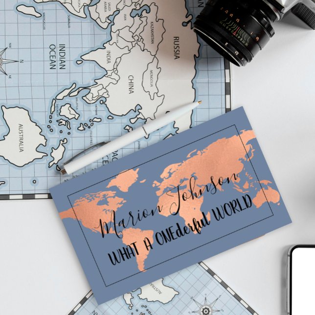 World Map Globe Map Travel Agency Copper Navy Business Card (Creator Uploaded)