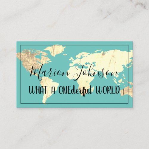 World Map Globe Map Travel Agency Gold Blue Teal Business Card