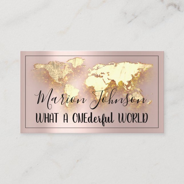 World Map Globe Map Travel Agency Gold Logo Rose Business Card (Front)