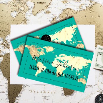 World Map Globe Map Travel Agency Gold Teal Blue Business Card by luxury_luxury at Zazzle