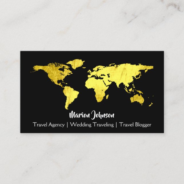 World Map Globe Map Traveling Black Gold Logo  Business Card (Front)