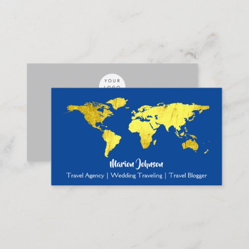 World Map Globe Map Traveling Logo Blue Gold  Business Card