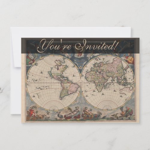 World Map Globe Travel Antique Invitation