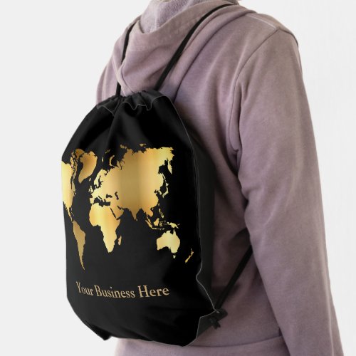World Map GoldBlack Drawstring Bag