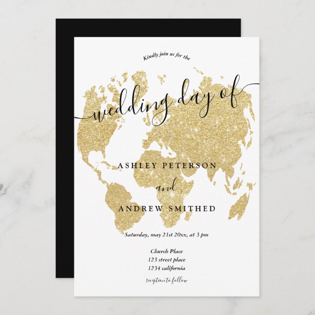 World map gold glitter chic script wedding invitation (Front/Back)