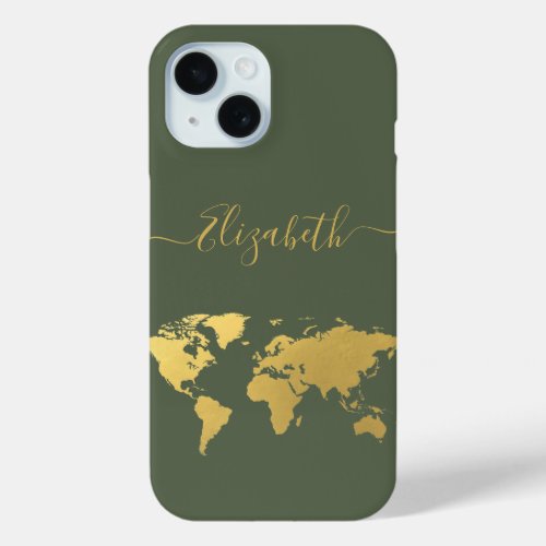 World map gold travelers monogrammed green iPhone 15 case