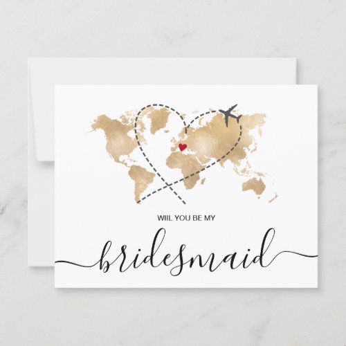 World Map Gold Will You Be My Bridesmaid Invitation