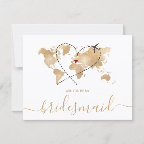 World Map Gold Will You Be My Bridesmaid Invitation