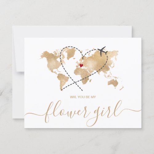 World Map Gold Will You Be My FLOWER GIRL Invitati Invitation