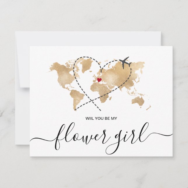 World Map Gold Will You Be My FLOWER GIRL Invitation (Front)