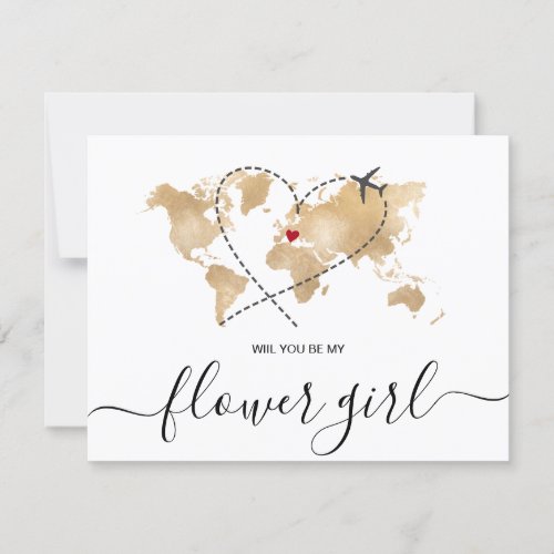 World Map Gold Will You Be My FLOWER GIRL Invitation