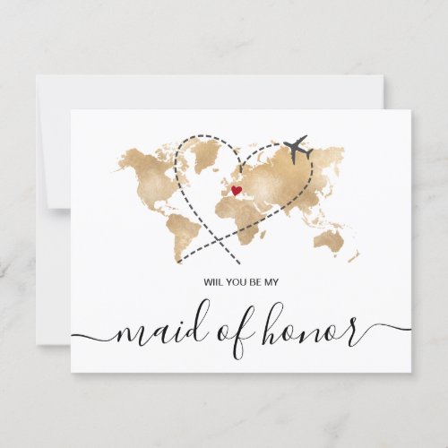 World Map Gold Will You Be My Maid of Honor Invitation