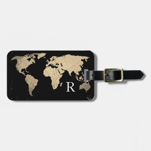 World Map Golden Sepia Black Monogram Initial Name Luggage Tag