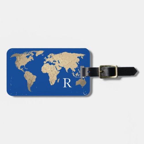 World Map Golden Sepia Blue Monogram Initial Name Luggage Tag