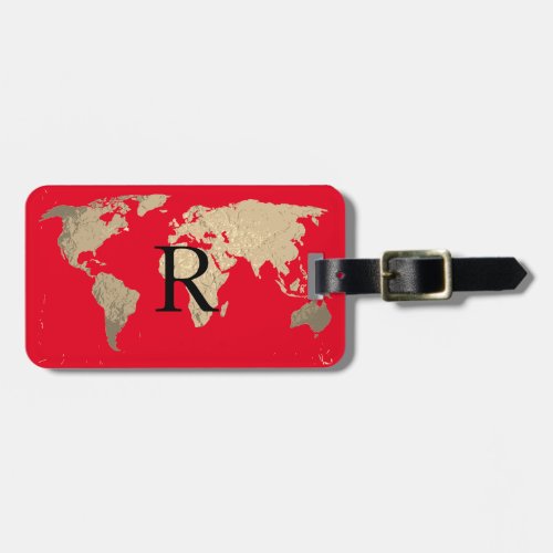 World Map Golden Sepia Red Black Monogram Initials Luggage Tag